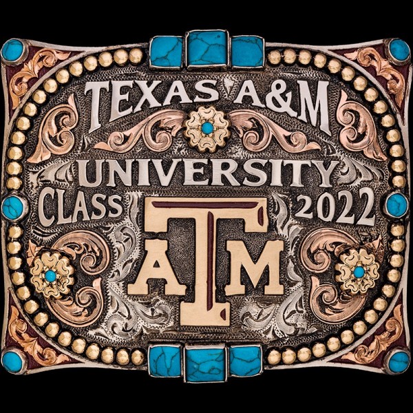 A stunning graduation buckle crafted with precision that boasts an intricate details, turquoise stones, and your university emblem for timeless elegance. 